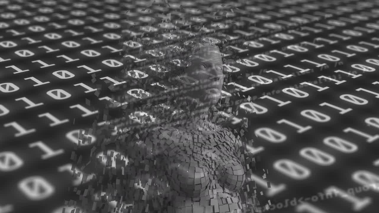 Female human body model and data processing against binary coding on black background