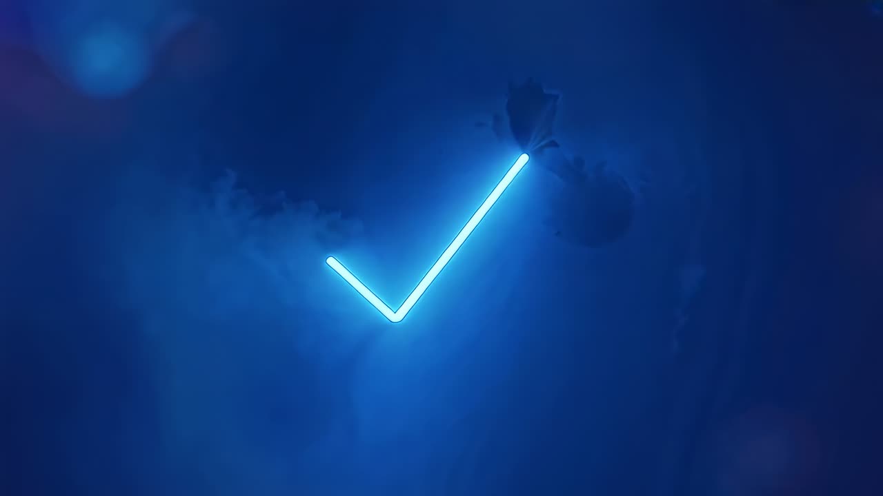 Appearing glowing neon cyan check mark centering on navy gradient, blue fog drifting flares pulsing
