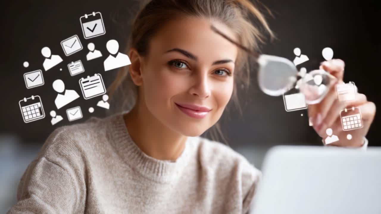 A Young Woman in a Cozy Sweater with Glasses, Engaged in Work At Her Laptop Surrounded by Digital Icons Representing Organization and Planning Skills
