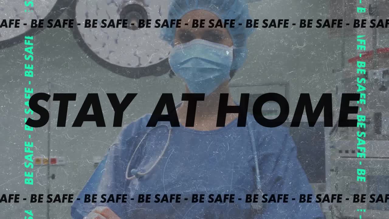 얼굴 마스크를 입은 외과 의사 위에 코로나 19 텍스트의 애니메이션