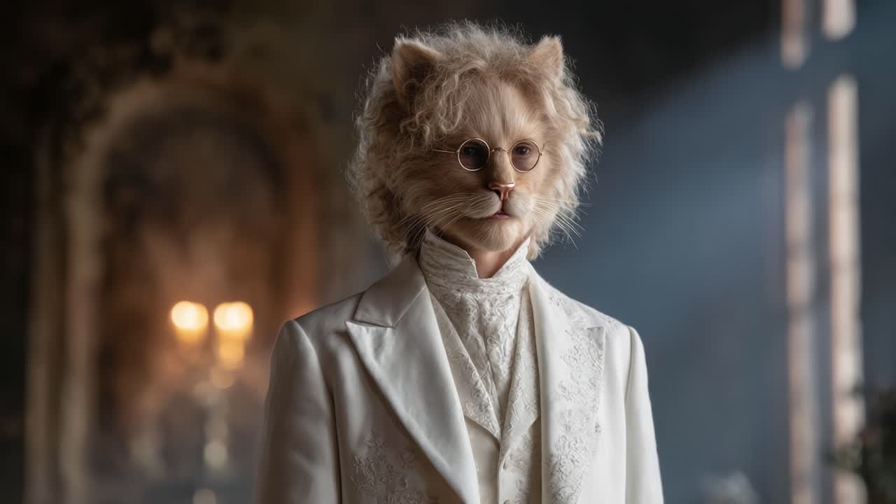 A Majestic Feline Figure in Elegant Attire: Capturing the Essence of Hybrid Creatures in a Mystical Setting with Dramatic Lighting Effects
