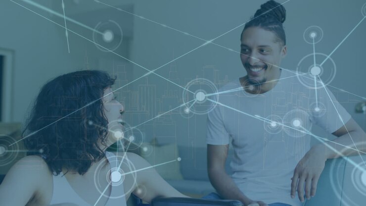 Animation of connections over happy diverse couple talking