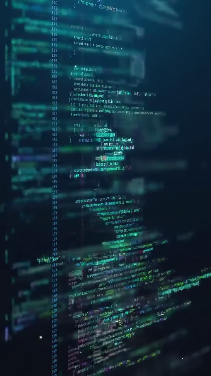 Dynamic video of code on a screen, angled from the side, creating a tech-focused vibe