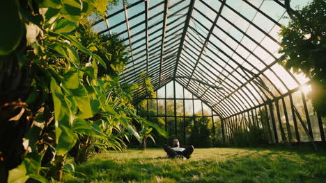 man relaxing on grass in a sunny greenhouse