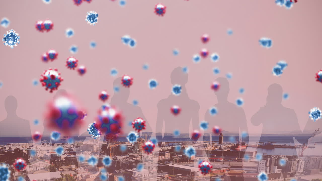사람들의 실루 ⁇ 과 도시 풍경 위에 떠다니는 코로나19 세포의 애니메이션