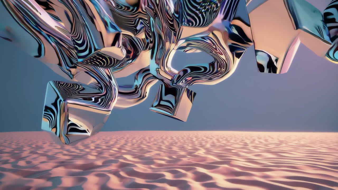 Abstract 3D Render of Metallic Geometric Shapes in a Desert Landscape