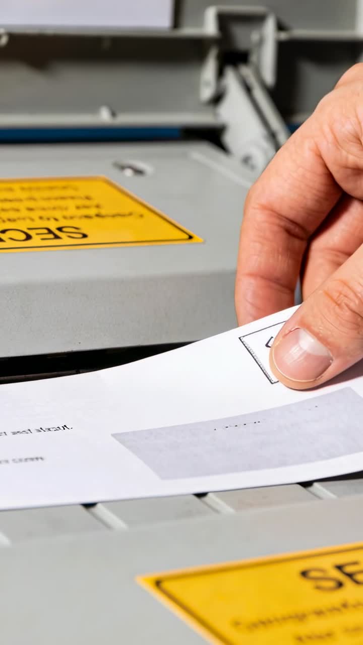 Vertical video: Approaching right hand guiding white envelope into slot for scanning by SEC label