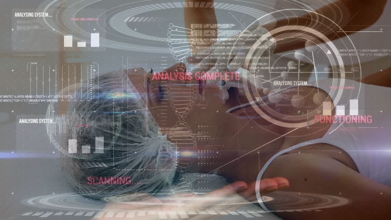 Animation of medical data processing over caucasian woman getting botox treatment on her face