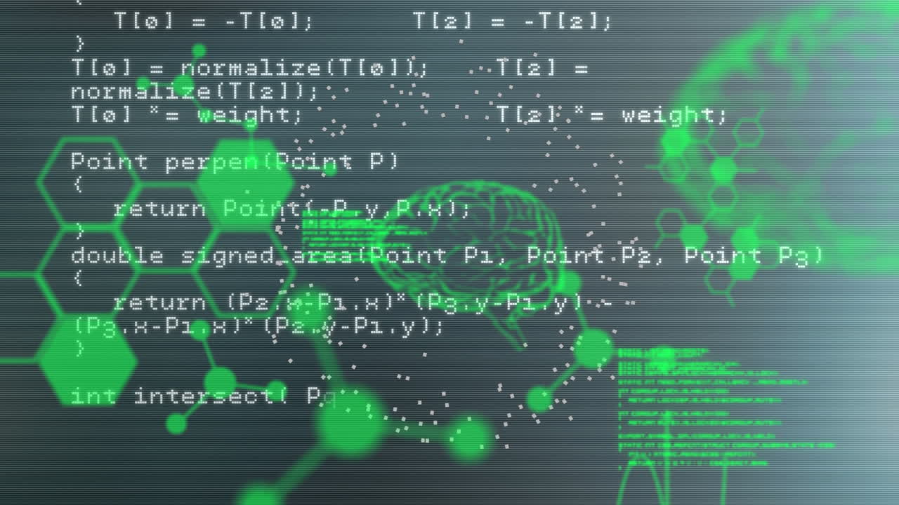 animación del procesamiento de datos sobre cerebros humanos y estructuras químicas