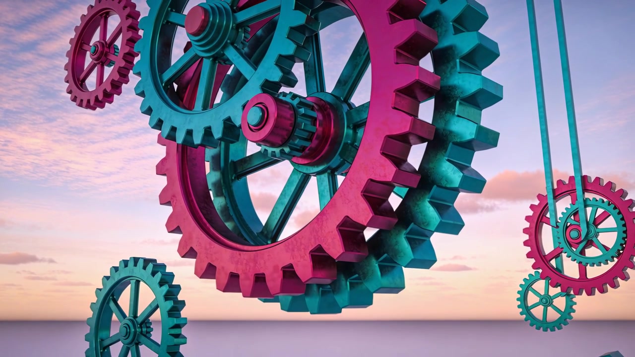 Pulling back camera, cluster of magenta and teal gears rotating on shiny plane to reveal mechanism