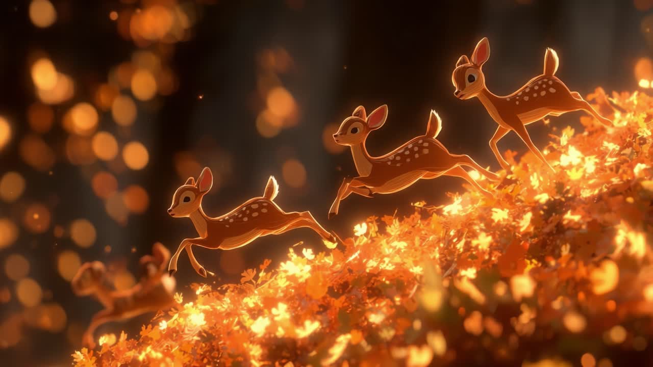 Three Playful Fawns Joyfully Dash Through a Enchanted Forest Carpeted with Golden Autumn Leaves and Glowing Sparks of Light in a Whimsical Animation Scene