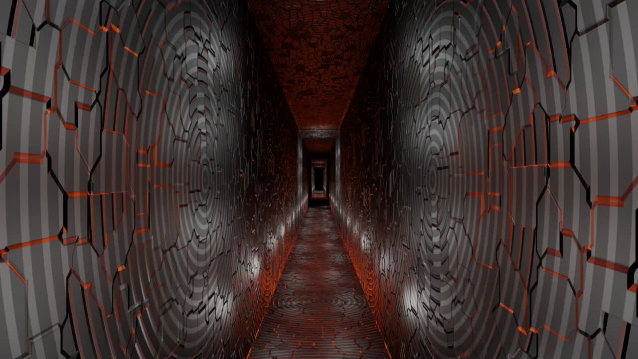 4k видеоанимация абстрактной игровой комнаты или туннеля с научно-фантастической стеной с красивыми трещинами и неоновым круговым эффектом.