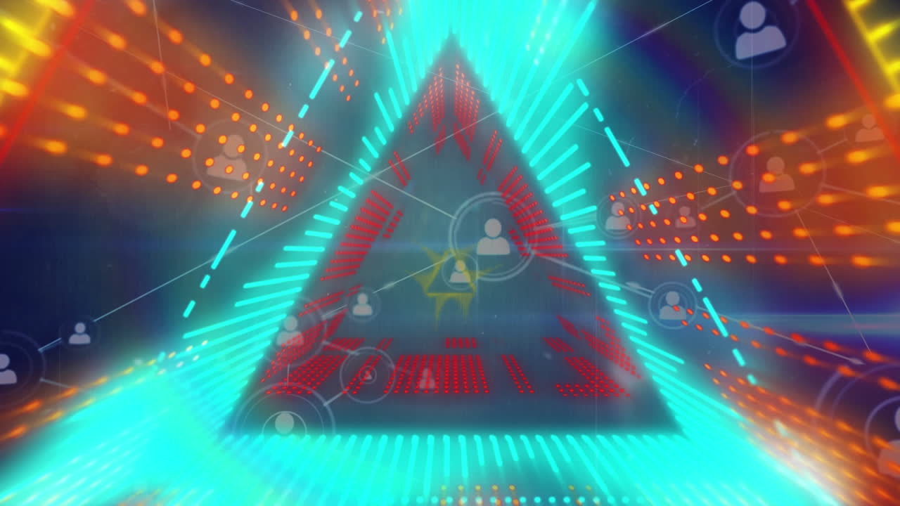 animación de formas a través de una red de conexiones con iconos en fondo negro