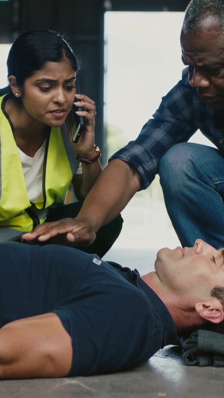 Video verticale: Uomo a terra trovato, donna in abbigliamento ad alta visibilità che telefona mentre un uomo controlla il respiro in una zona.