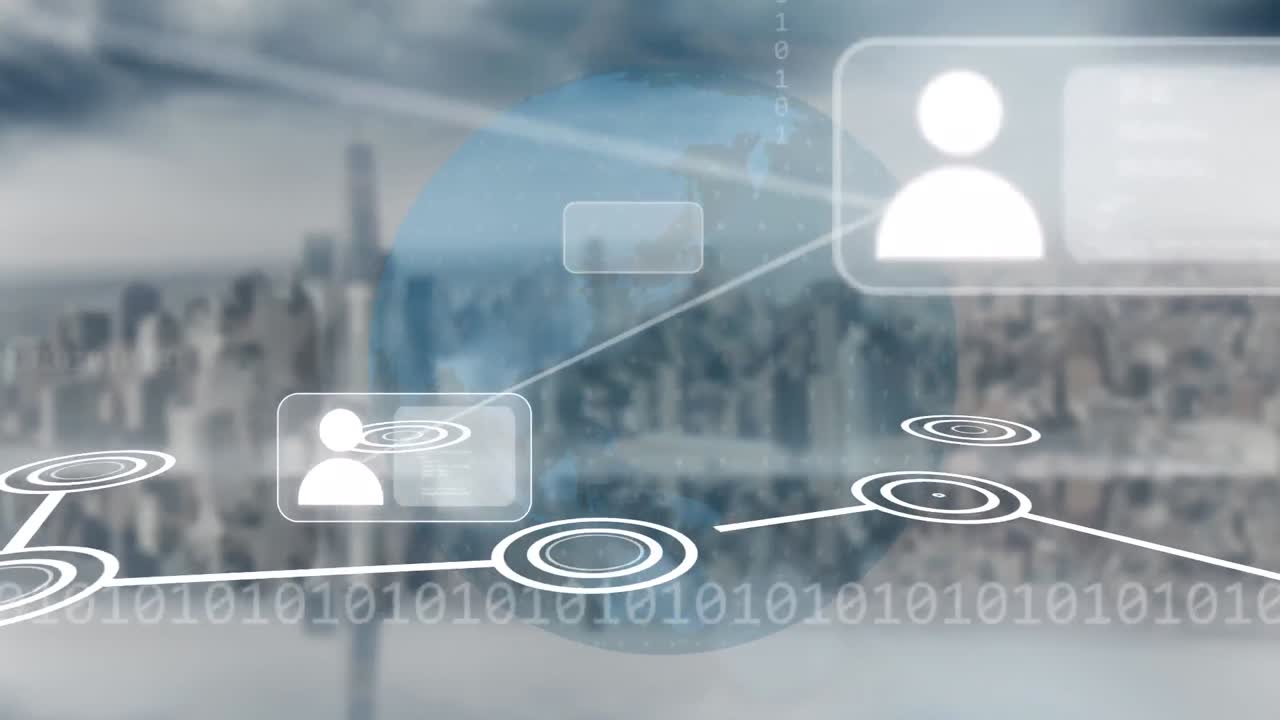 animación de la red de conexiones con íconos y procesamiento de datos sobre el paisaje urbano