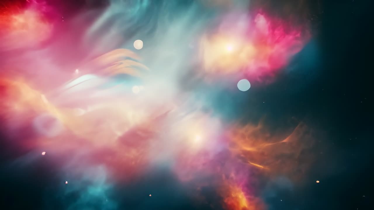 Opening with colorful beams showing luminous cloud emerging in nebula, with haze evoking cosmos