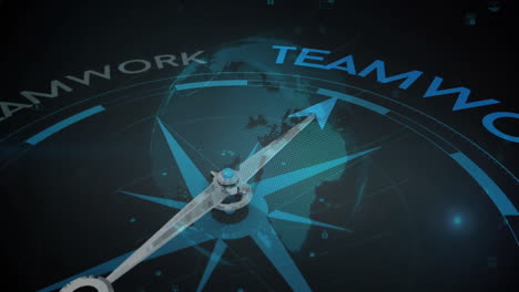 compass arrow pointing to teamwork text animation over world map