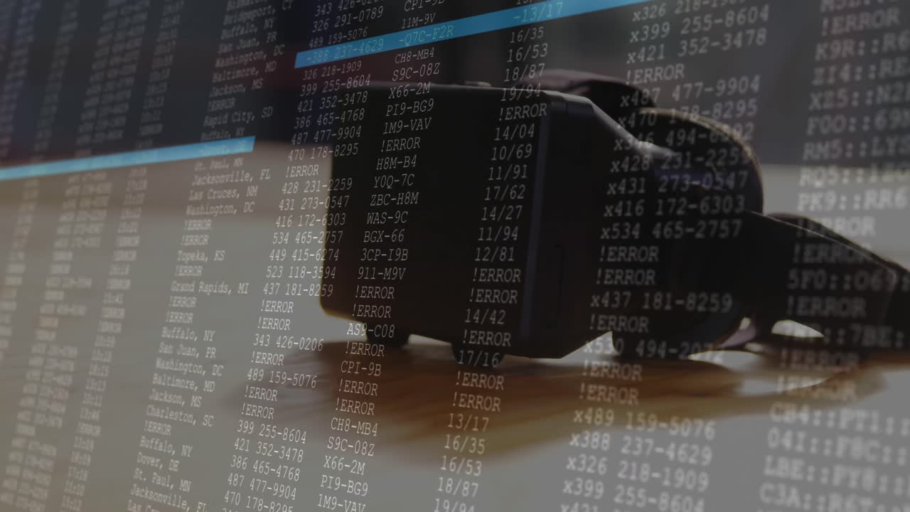 Animation of data processing on computer screen over vr headset