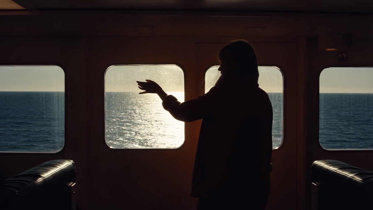 Silhouette of person on a ferry looking out at the sea