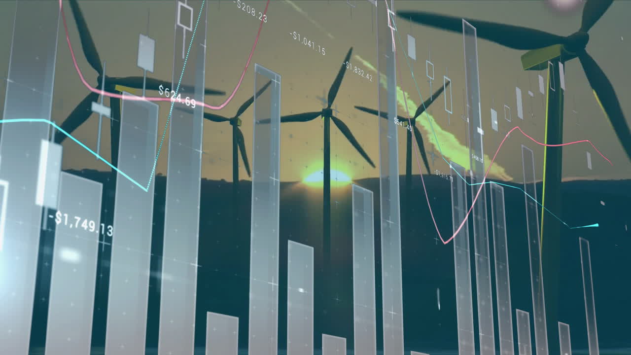 Animation of wind turbines turning with financial graphs overlaying in scene