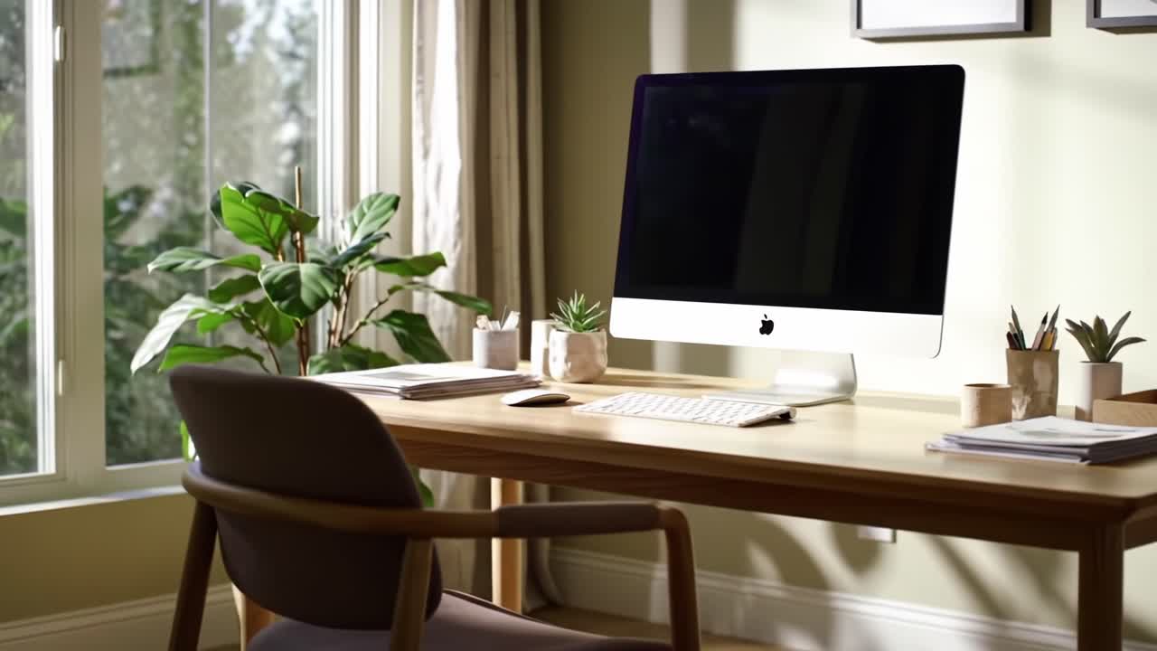 Bright and Inviting Home Office Setup Featuring a Modern Computer Desk, Stylish Chair, and Lush Greenery in a Sunlit Room