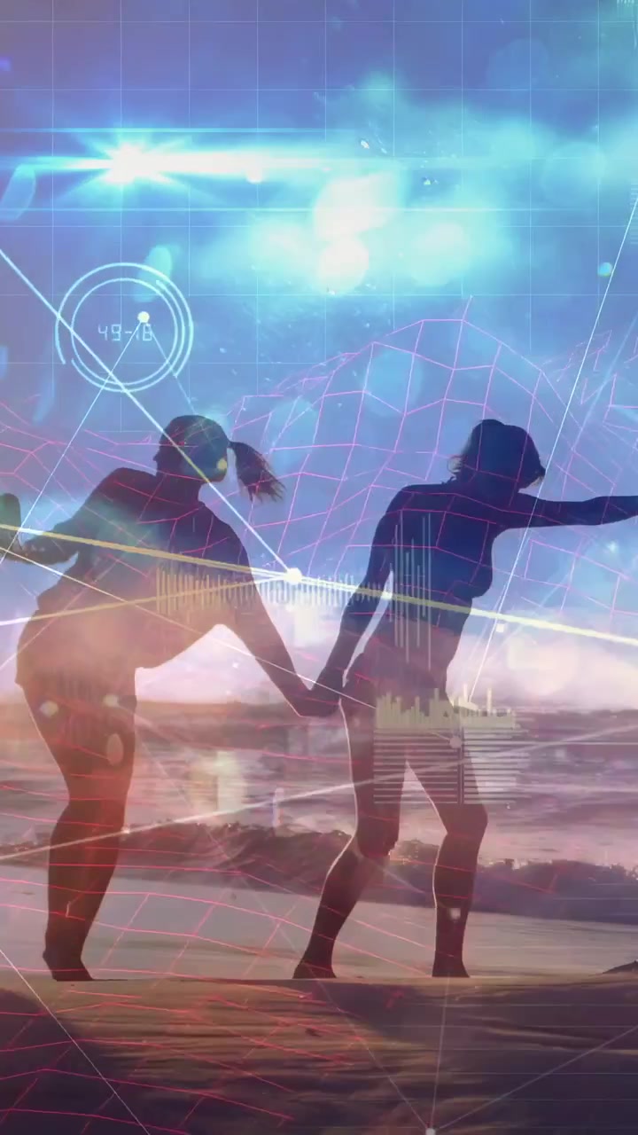 Video verticale: Donne che entrano dai lati tenendosi per mano, muovendosi sulla riva con una mappatura HUD tecnologica per il gioco.