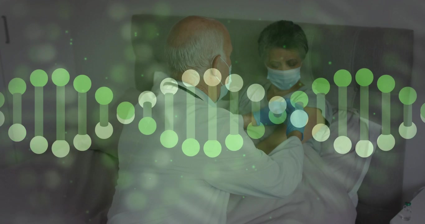 Kliniker desinficerer og injicerer derefter vaccine i patientens arm til immunisering, mens en DNA-helix driver.