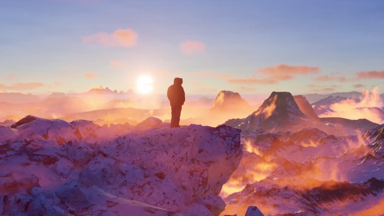 바위 산 꼭대기에 있는 남자 하이커의 에픽 어드벤처 컴포지트: 드라마틱한 해가 지는 하늘, 3d 렌더링 피크, 자유 개념, 애니메이션