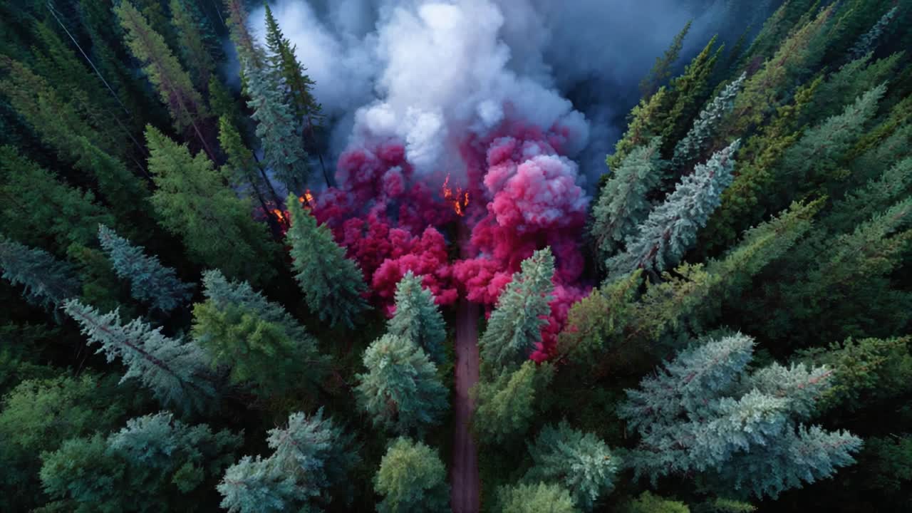 Vibrant Smoke Erupts Through Lush Forest Canopy, Creating a Stunning Contrast Between Nature’s Greenery and Fiery Colors