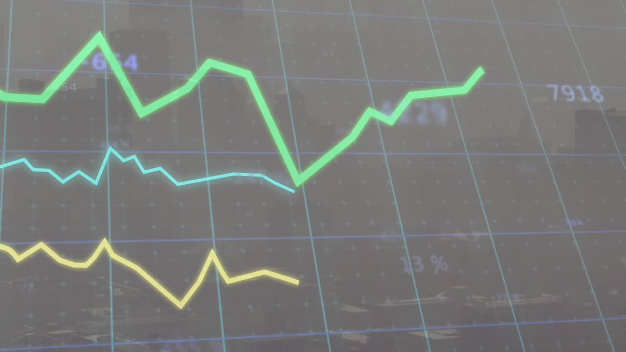 Grid appearing, green plot rising, peaking, falling, rebounding, oscillating, showing market trends