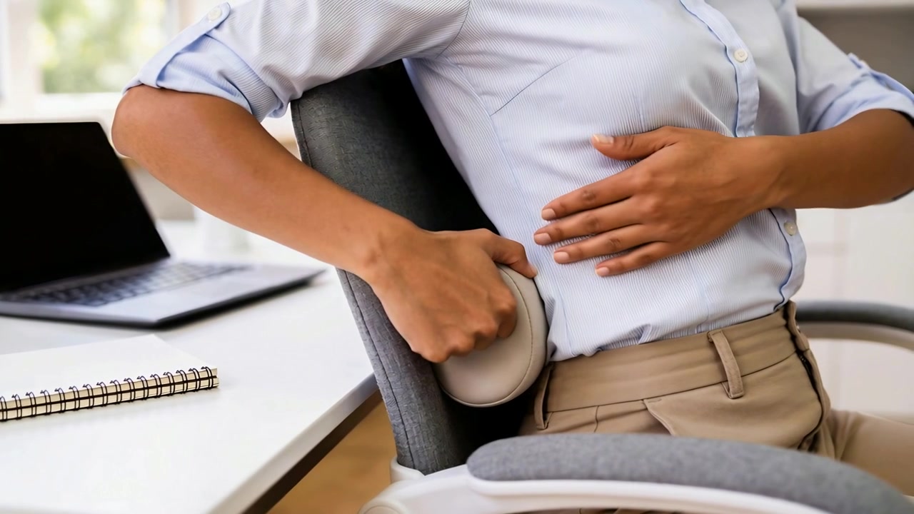 Adjusting office worker feeling backache in blue shirt placing lumbar cushion at desk, with laptop