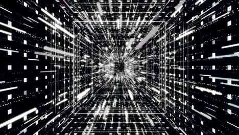 hyperspace jump through stars, time, and cosmic tunnel, seamless loop. animation. abstract flight through 3d futuristic tunnel and flowing bright particles, monochrome