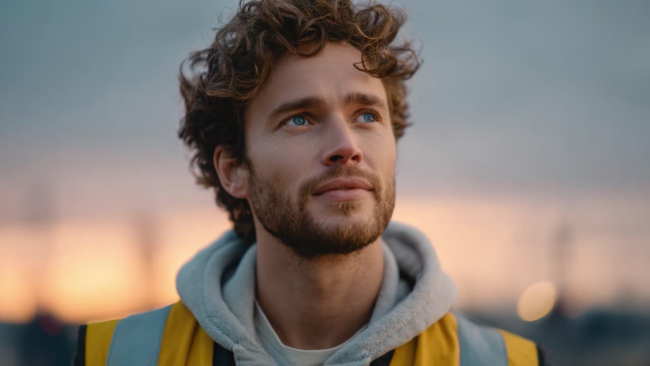 A thoughtful young man gazes into the distance during twilight, embodying a moment of reflection and hope amid a serene, colorful sunset backdrop