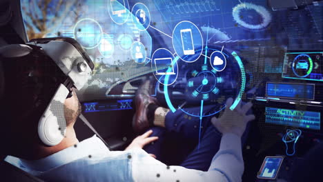 in futuristic car, person using virtual reality headset with animation overlay