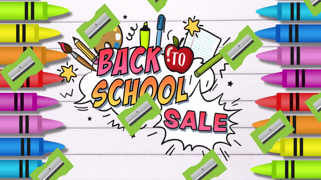 animación del texto de regreso a la escuela sobre los iconos de los artículos escolares