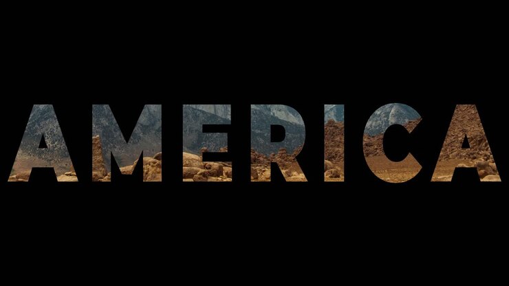 berge und wüstenlandschaft im amerikanischen nationalpark überlagert mit grafiken, die amerika ausdrücken