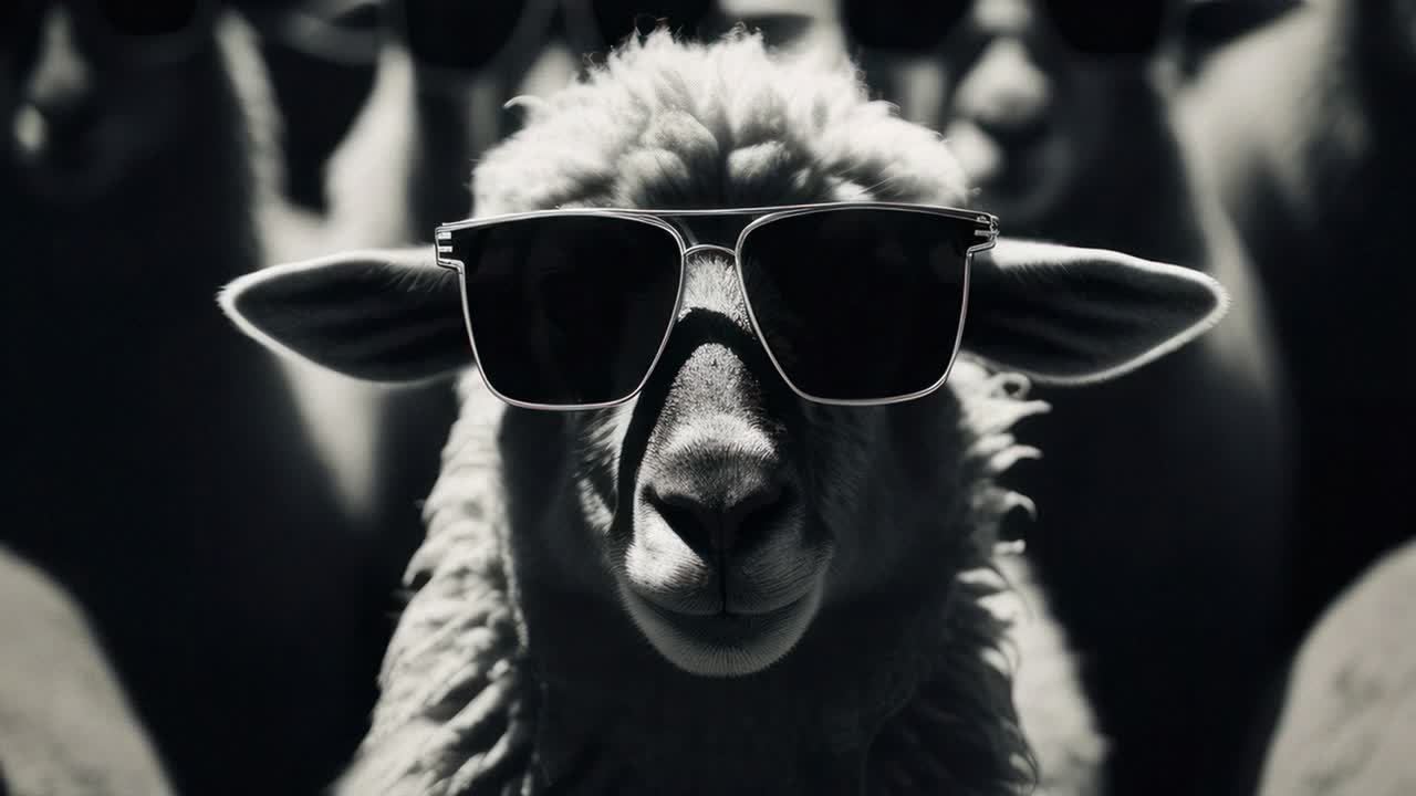 Black and white video concept of a sheep wearing sunglasses