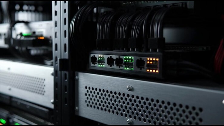 Primo piano di switch di rete e cavi in un rack per server
