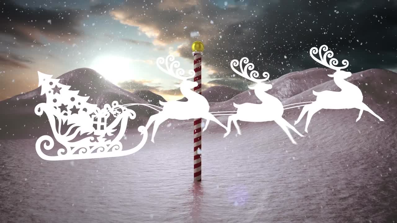 Snow over christmas tree in sleigh being pulled by reindeers over north pole on winter landscape