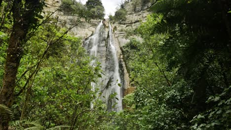 espectacular cascada de caídas de brillo en el exuberante paisaje de nueva zelanda - ángulo bajo