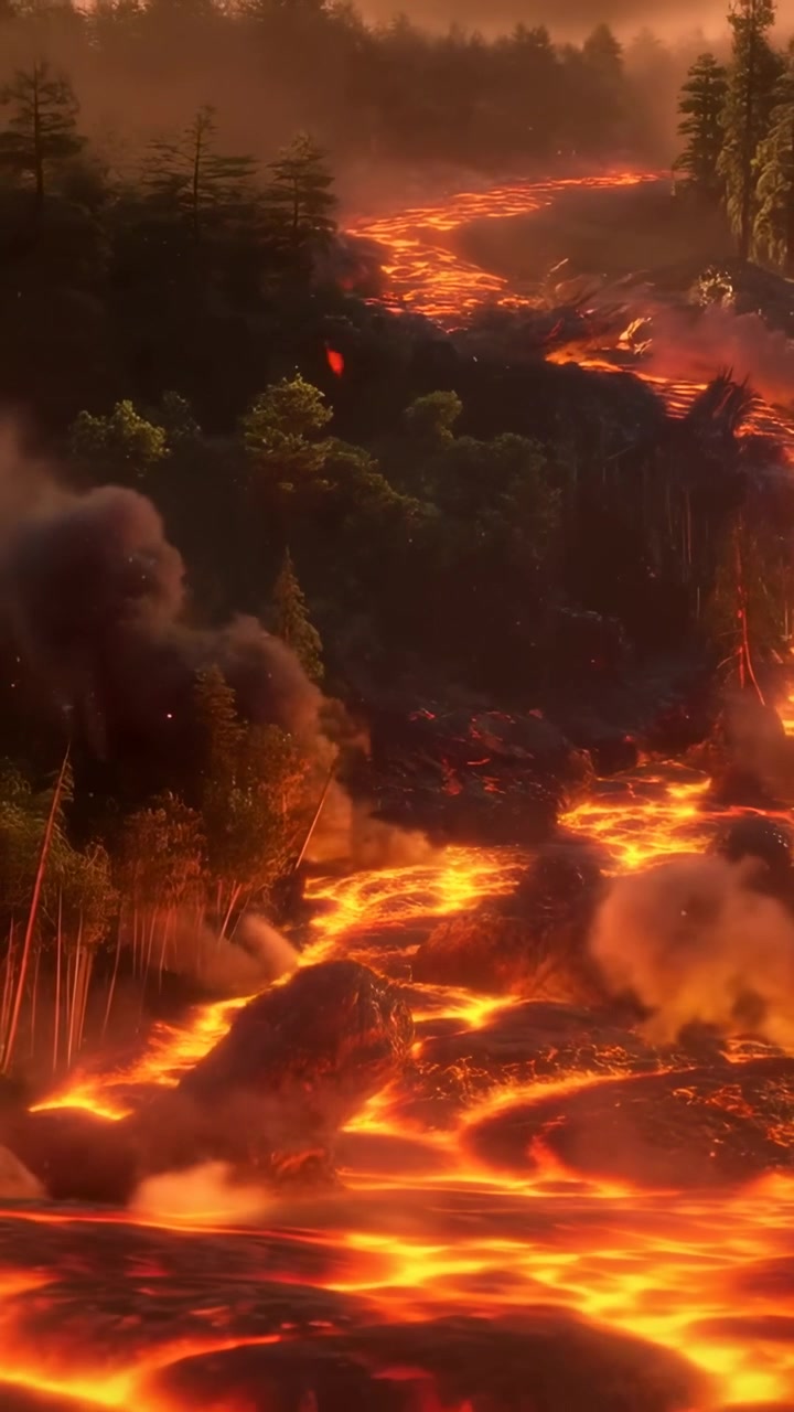 Video vertikal: Sungai lava mengalir dari punggung bukit turun ke lembah berhutan, menciptakan asap dan bara.