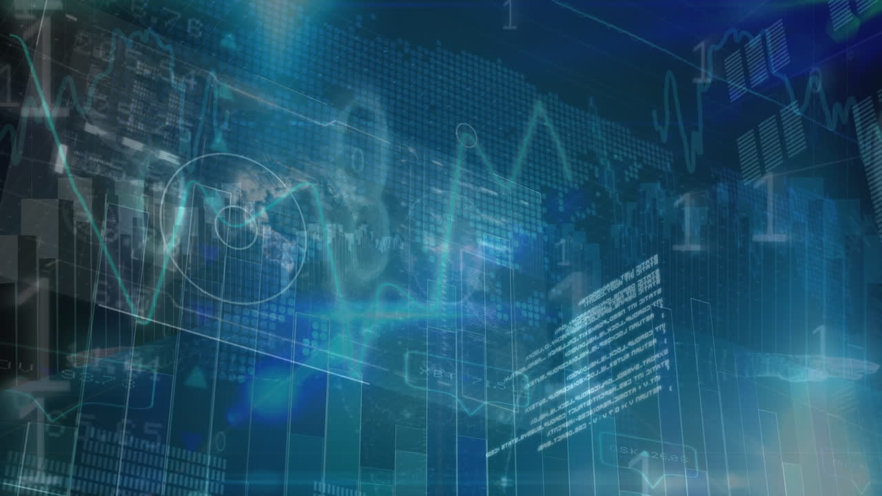 세계 지도 위의 금융 데이터 처리 및 바이너리 코딩의 애니메이션