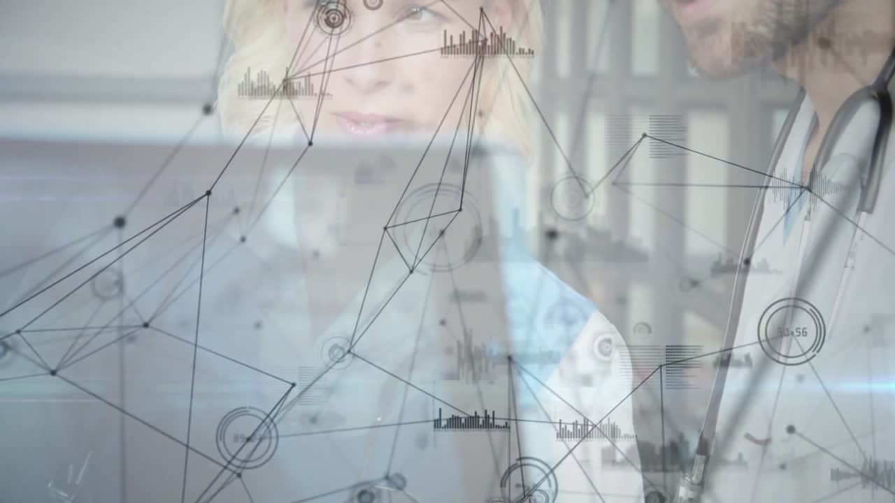 Male doctor and female doctor analyzing data in clinic, with animated nodes and bar charts