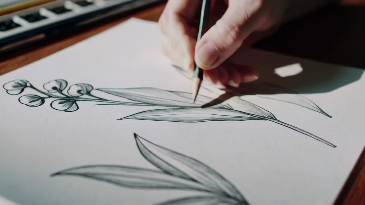 Person drawing flowers and leaves with a pencil