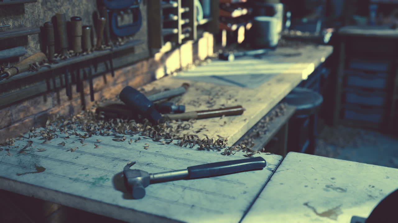 Retro stylized old tools on wooden table in a joinery