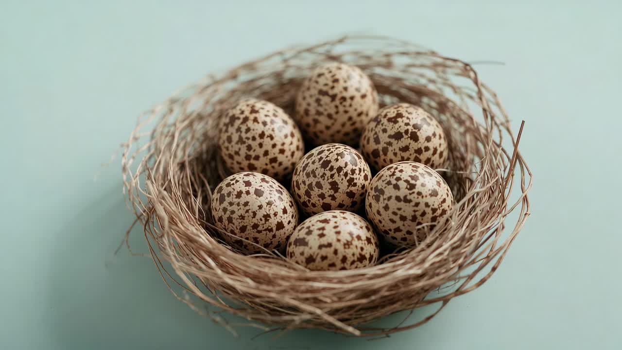 Pulling back camera revealing woven straw nest on pale teal surface, showing six speckled eggs