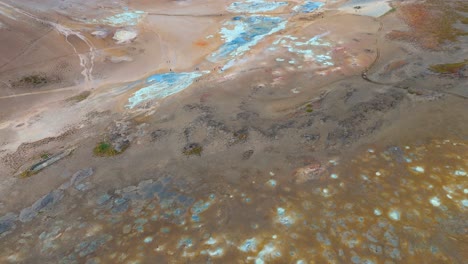 revealing aerial view of hot sping lakes and mountain landscape in iceland