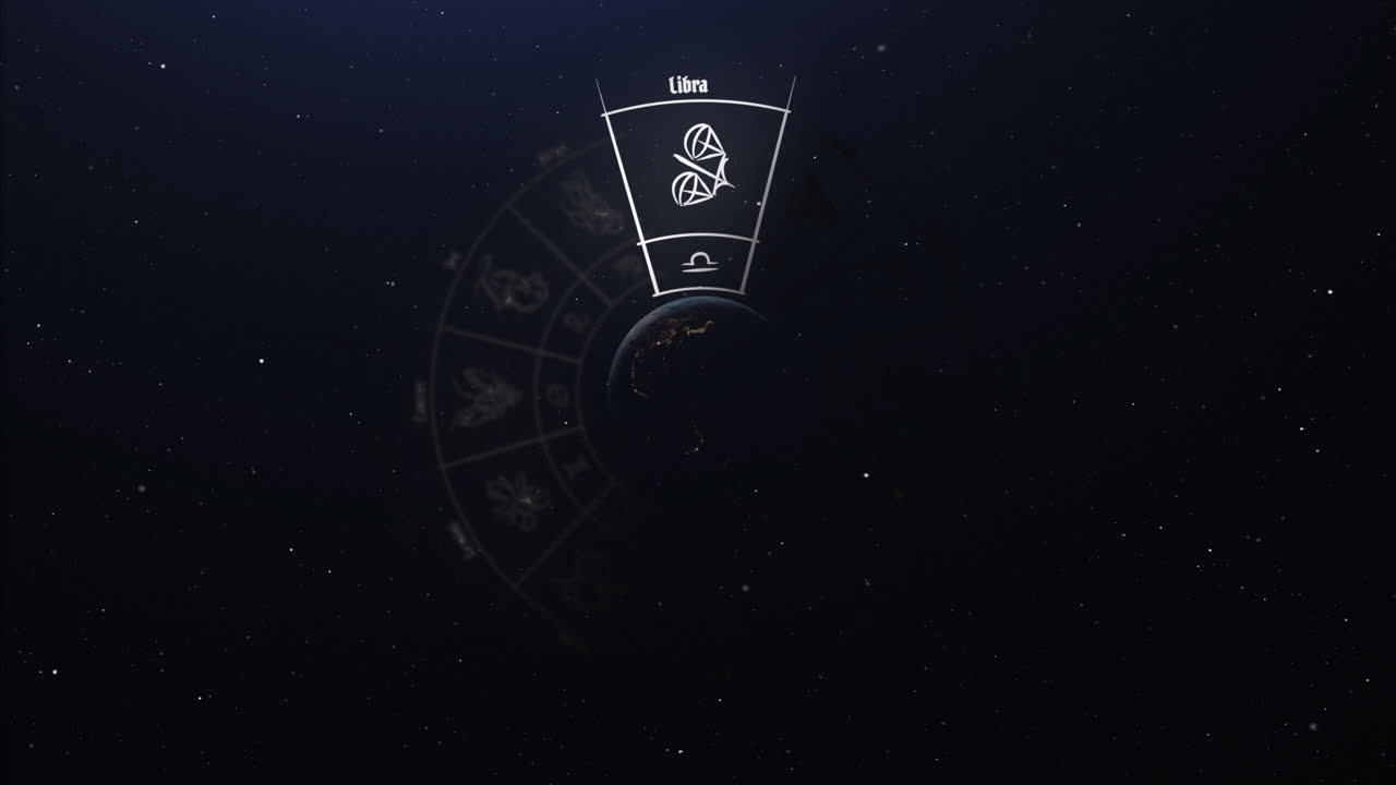 Libra zodiac sign revealed on glowing horoscope wheel with shining stars background perfect for astrology apps and daily horoscope videos