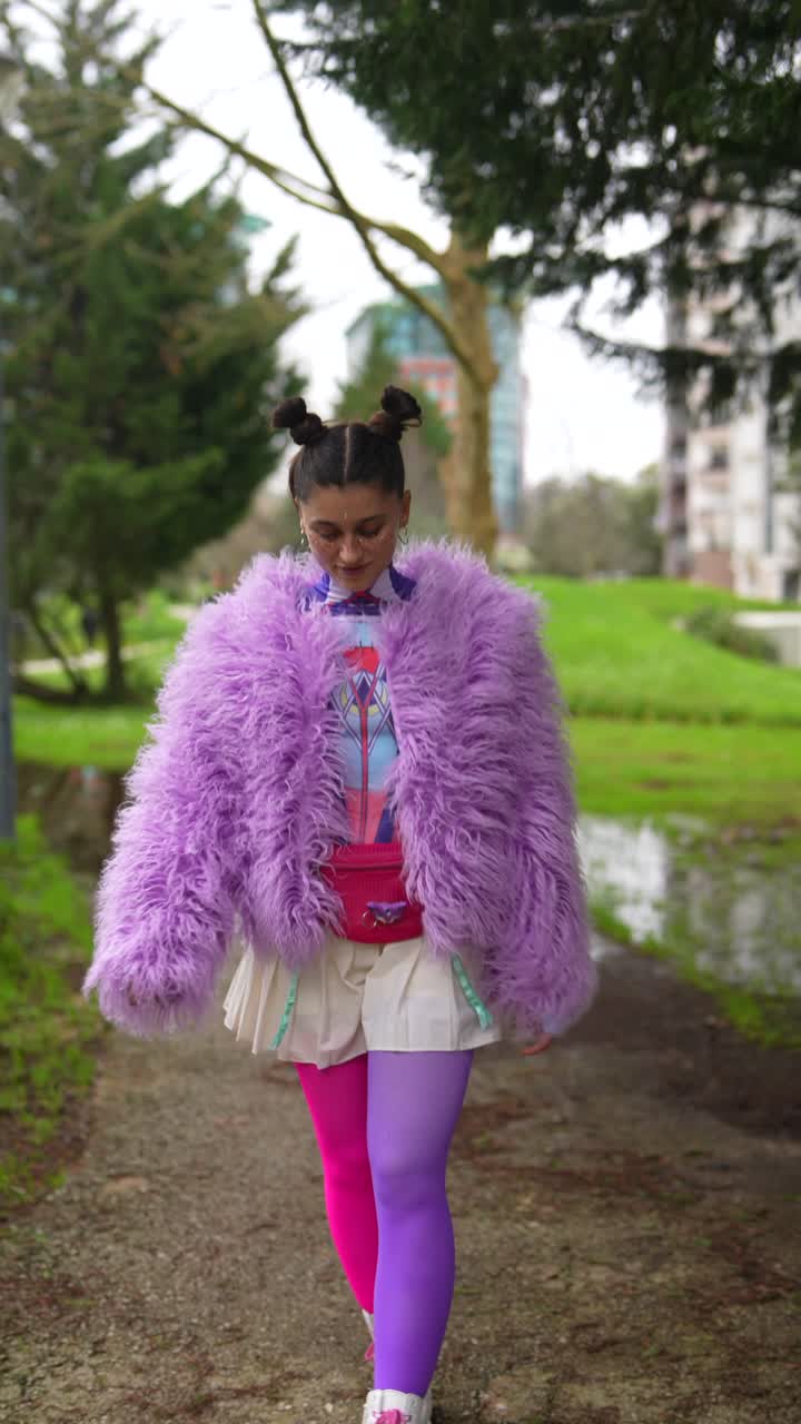 Jovem Mulher Estilosa com Roupa Colorida Caminhando no Parque