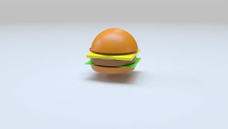 view of a 3d model of a hamburger with a plastic-like texture, floating above the ground surface, rotating 360 degrees